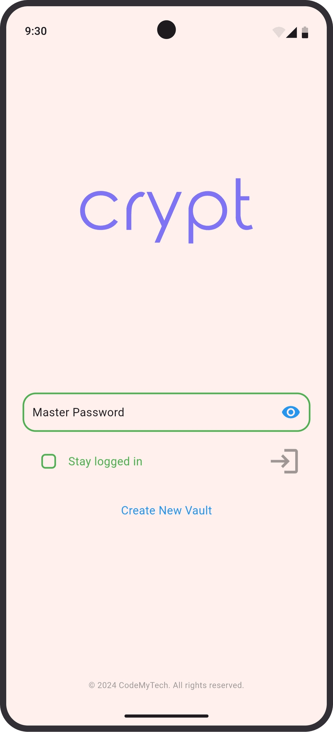 A screen shot of the Login screen of the crypt app.