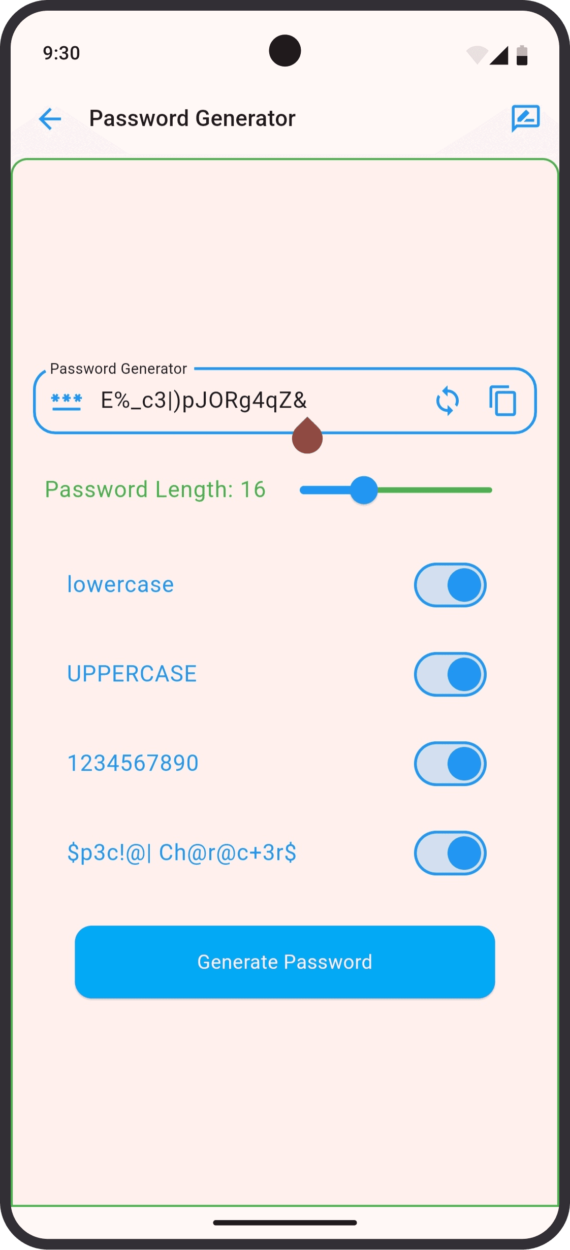 A screen shot of the Generate Password screen in the crypt app